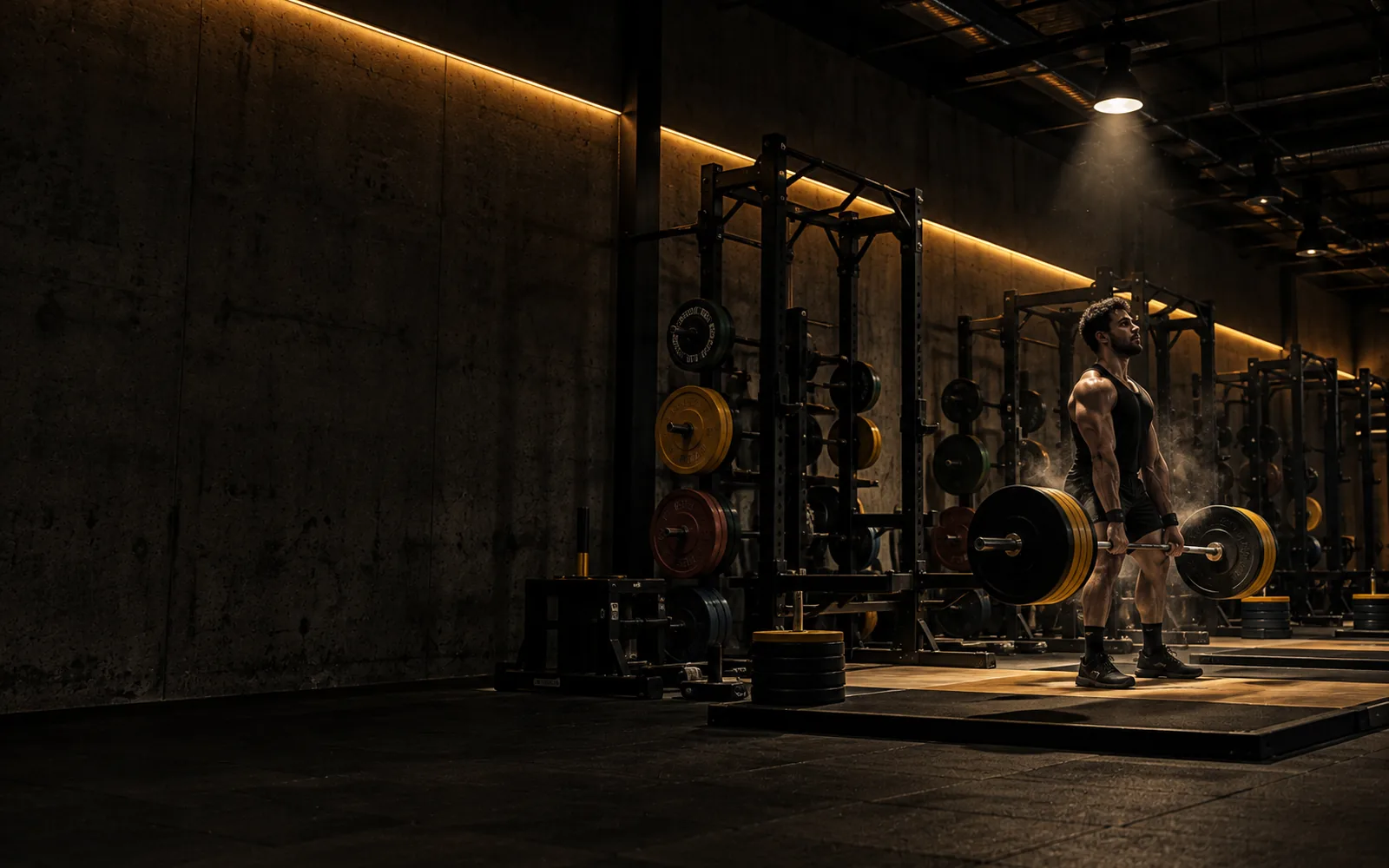 Sıcak ışıklı güç alanında platformda deadlift yapan sporcu ve arkada güç kafesleri