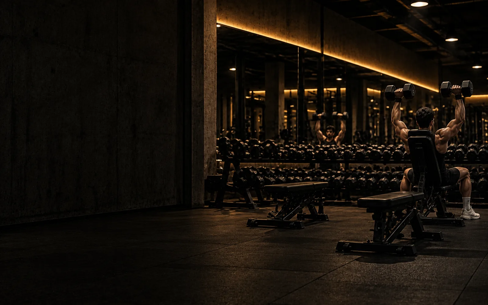 Dambıl rafları ve bench’lerin bulunduğu sıcak ışıklı serbest ağırlık alanı